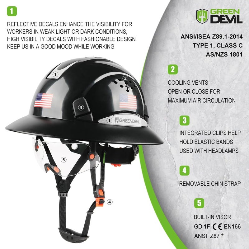 GREEN DEVIL قبعة صلبة كاملة الحواف مع قناع مدمج وخوذة أمان للبناء معتمدة من إدارة السلامة والصحة المهنية (OSHA) خوذات عمل صلبة من Cascos De Construccion مع منشفة تبريد للرجال والنساء، نظام تعليق بسقاطة قابل للتعديل - Image 2